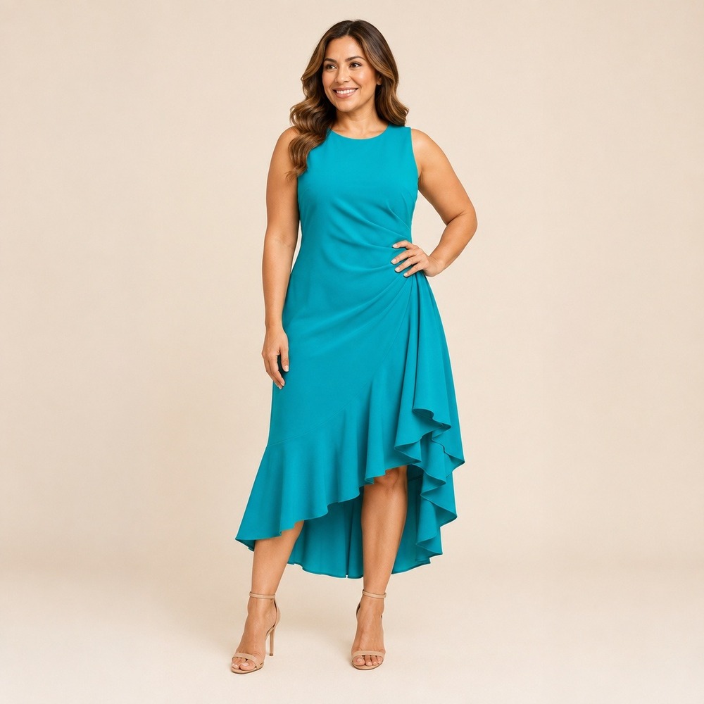 Eliza J Dress Women 12 Teal Blue High-Low Ruffle Gown Sleeveless Side Drape NWT